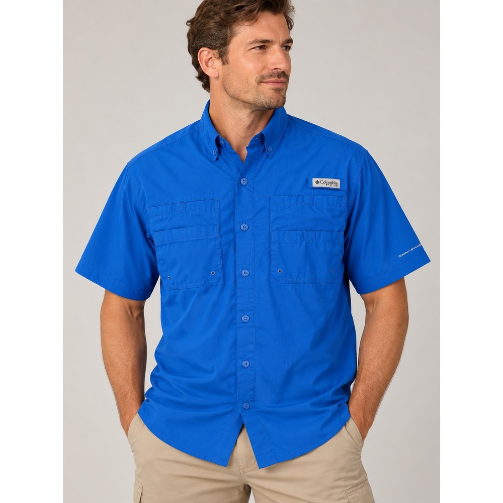 Columbia PFG Tamiami II Fishing Shirt Mens XL Blue Short Sleeve Vented UPF 40